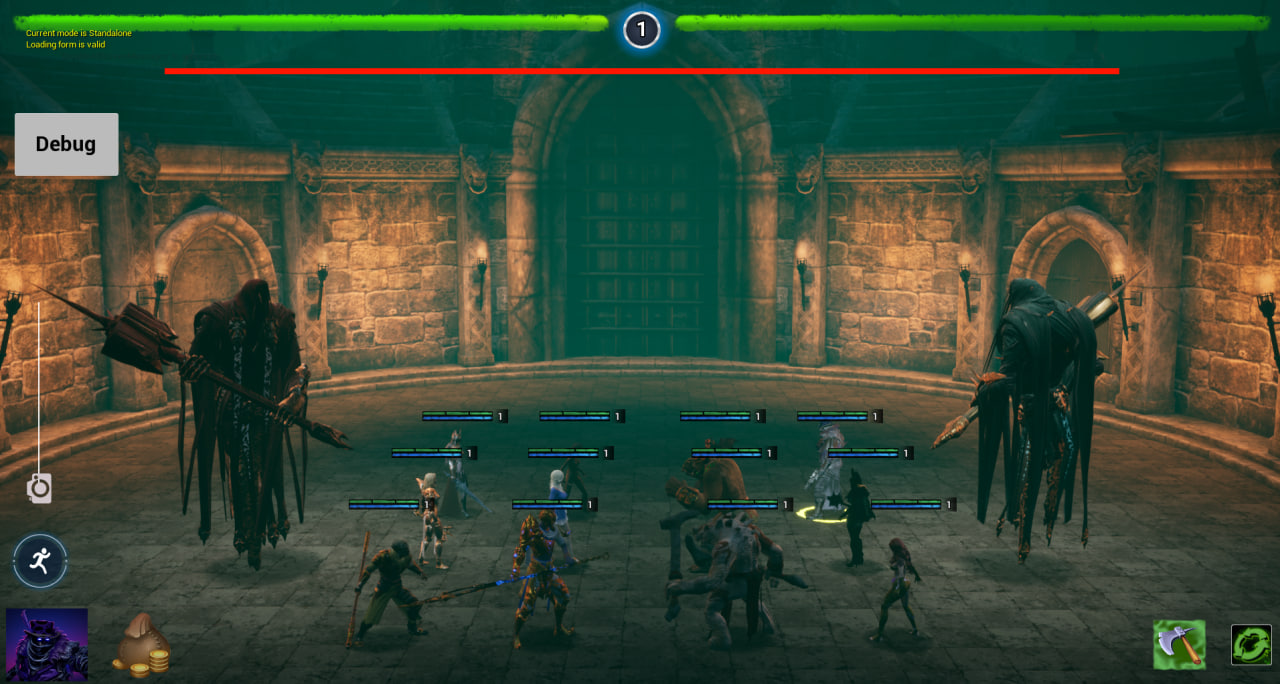 Ancient Resistance gameplay — a party of heroes facing two giant reaper bosses inside an ancient stone hall